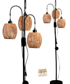 3-Light Rattan Floor Lamp (63") with Adjustable Brightness + 3 LED Bulbs